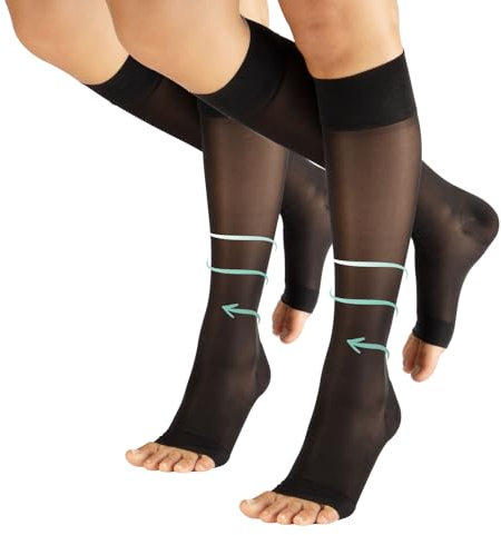 CALZITALY PACK 1/2 Zehenfreie Stützstrumpfe mit Starker Abgestufter Kompression 18-22 mm/Hg | Kompressionsstrümpfe Open Toe | 140 DEN | Made in Italy (2 Pack, Schwarz, S/M)