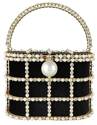 Boutique De FGG Abendhandtaschen mit Perle Strass Clutches für Hochzeit Party Kristall Eimer Tasche Schultertaschen,Klein,Schwarz