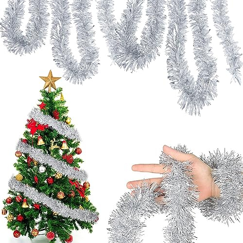 6 Piezas Guirnalda de Oropel de Navidad, 12M Guirnaldas de Navidad Metálicas, Brillante Espumillón, Guirnalda Brillante, Decoración navideña para Decoración Pared Ventana Escalera Regalos(Plateado)