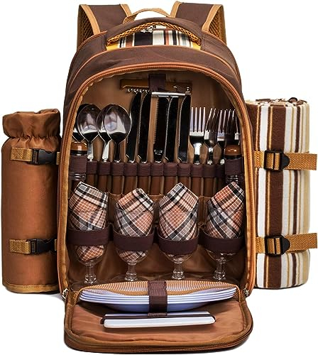 4 Person Picnic Backpack Hamper Cooler Bag with Tableware Set & Blanket