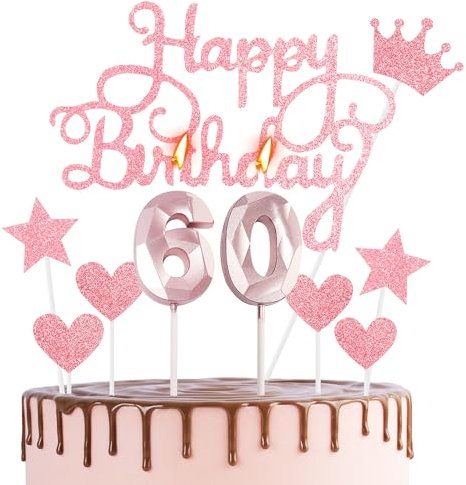 Happy 60th Birthday Cake Topper & Candles - Rose Gold Number 60 for Cake Decorations - Rose Pink Cupcake Topper for Women