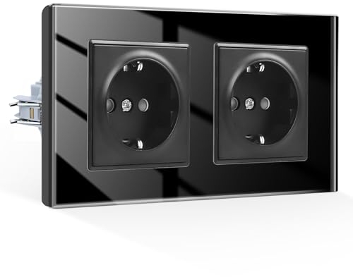 CNBINGO Doppelsteckdose Unterputz,2 Fach Steckdose Glas Doppelsteckdose Schwarz Wandsteckdose Schuko Steckdose
