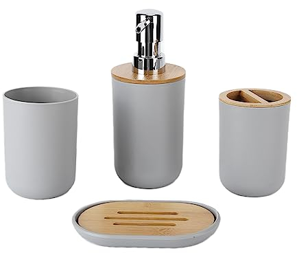 GAESHOW Lot de 4 Ensemble D'accessoires de Salle de Bain, Set Salle de Bain en Bois et Plastique, Distributeur de Savon, Gobelet à Brosse à Dents, Porte-Savon, Porte-Brosse à Dents