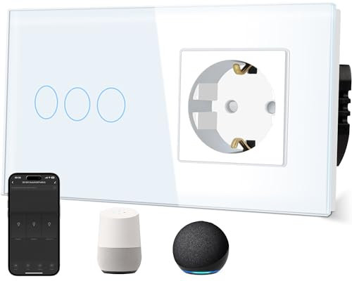 TAWOIA Prise normale avec interrupteur Wi-Fi intelligent (conducteur neutre nécessaire) avec vitre en verre, commande vocale pour Alexa, compatible avec l'application Smart Life et Tuya 3