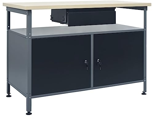 KOIECETA Banco de trabajo con cajón abierto, 2 armarios, mesa de trabajo, taller, bricolaje, banco de trabajo negro, 120 x 60 x 85 cm, acero