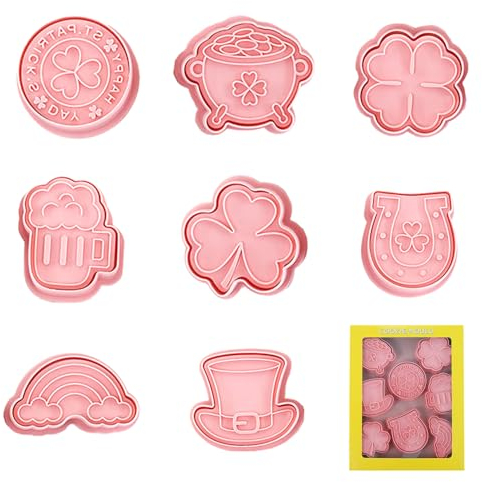 YEJAHY 8 Stück St. Patrick's Day Ausstecher, Vierblättriges Kleeblatt Ausstechform, Kinder Keksausstecher, St. Patrick's Day Kleeblatt Ausstechformen Set, 3D Ausstechformen für Keksteig Fondant
