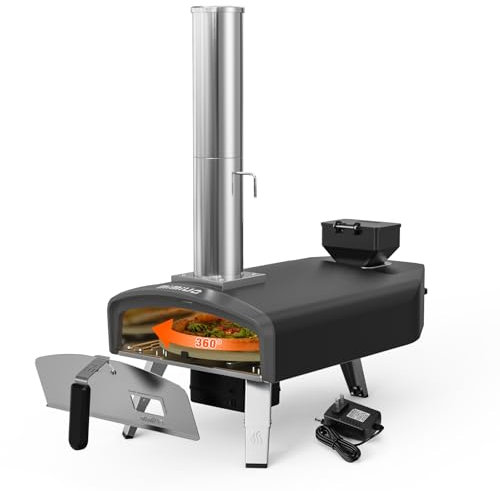 Mimiuo Horno de pizza para exteriores de 12 pulgadas, horno de pizza de pellets de madera con piedra redonda giratoria, estufa de pizza portátil para exteriores, patio, camping, picnics