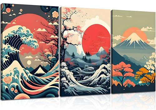 Japanische Wandkunst, asiatische Naturlandschaft, Poster, Bilder, Kanagawa, riesige Welle, Leinwanddrucke, Montierung, japanische Fuji-Kunstgemälde, Kirschblütensee, Wanddekoration für Wohnzimmer,