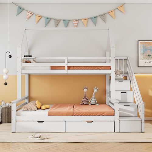 Zravenna Letto a castello 90 x 200 cm, 140 x 200 cm, letto a castello per 2 bambini, con scale, cassetti e scaffale, protezione dalle cadute, telaio in legno di pino, letto a soppalco per ragazzi e