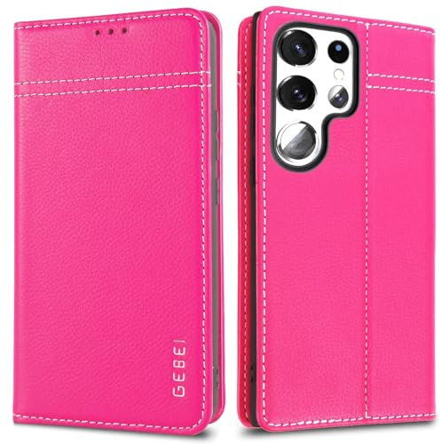 Étui de protection à rabat en cuir véritable pour Samsung Galaxy S24 Ultra 5G - Avec fonction support et compartiment pour cartes - Rose