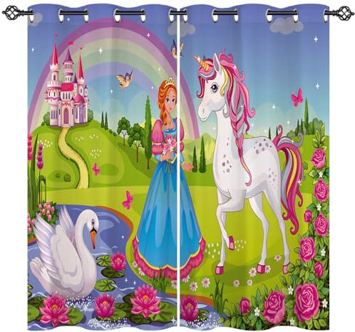 ANHOPE Einhorn Prinzessin Schloss Vorhänge mit Ösen Blickdichte Gardinen Blackout Curtain Thermo Vorhang Kinder Mädchen Schlafzimmer Wohnzimmer Verdunklungsvorhänge 2er Set H 138 x B 132 cm