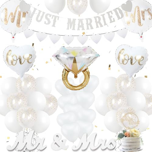 Just Married Decorations Banner - Pair Mr and Mrs Wooden Sign Table Ornaments, Just Married Bunting Diamond Ring Balloon Heart Foil Balloon, Cake Topper, White Wedding Engagement Party Supplies
