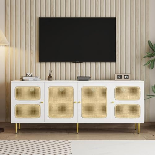 KOMHTOM Meuble TV blanc avec quatre portes, meuble TV avec séparateurs réglables, meuble TV moderne et élégant (blanc A)