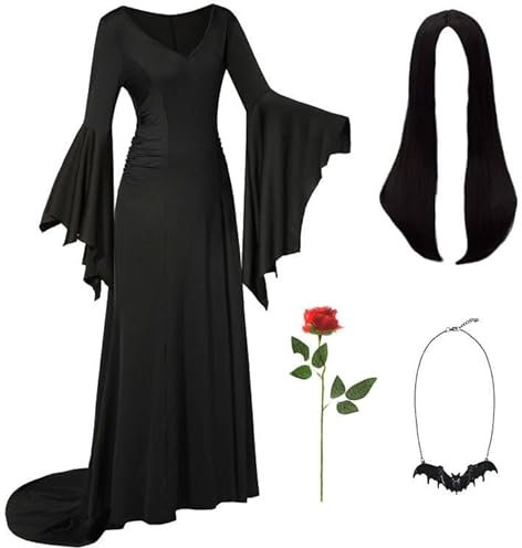 Addams UX002L - Costume da donna per Halloween, costume da strega, stile gotico, vintage, colore nero, per Addams Family Pipistrello e Parrucca, collana con rose rosse
