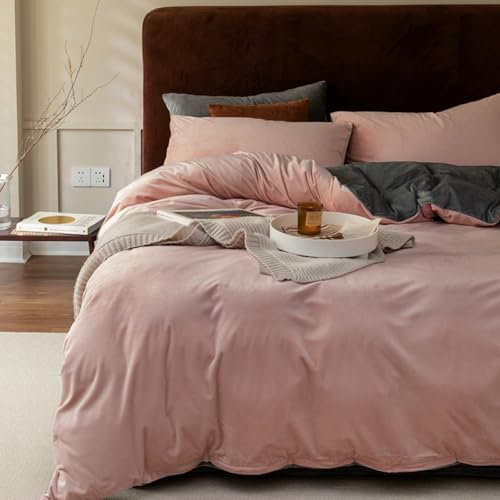 Covebett Winter Flanell Bettwäsche 135x200 4teilig Rosa Grau Plüsch Cashmere Touch Wende Winterbettwäsche 2 Warm Flauschig Coral Fleece Bettbezug mit Reißverschluss und 2 Kissenbezüge 80x80