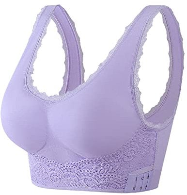 of 5,Women Comfort no Wire Bras Seamless no Show Bra Pack - Front Fastening Padded Racer Back Bras for Women UK - Front Fastening Sports Purple