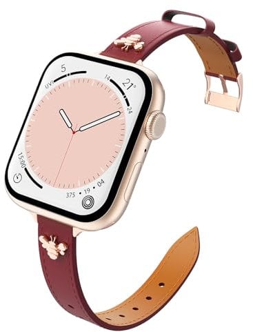 Astorgos Cinturino Sottile in Pelle Compatibile con Apple Watch Series 9 8 7 6 5 4 3 2 1 SE SE2 38/40/41mm, Cinturino di Ricambio in Vera Pelle per Donne, Rosso Vino/Oro Rosa
