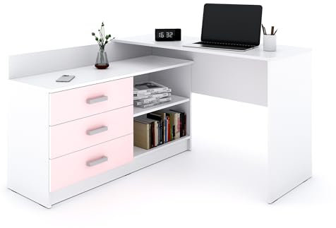 Marlux-Meble Schreibtisch mit Schubladen 3 und Regalen 2 | Eckschreibtisch Rosa Matt | PC Schreibtisch L Form mit Stauraum (Alto Schreibtisch Holz 131x120x76 cm)