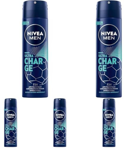 NIVEA MEN Deo Spray, Anti-Transpirant mit belebendem Meeresduft, zuverlässiges Deodorant mit 72h Schutz und 0% Ethylalkohol, Ultra Charge Limited Football Edition (150 ml) (Packung mit 5)