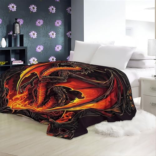 Decke 150 x 200 cm Sanft Flanell Weich Fleecedecke Dunkler Fantasy-Drache Bedruckte Decke für das Schlafzimmer Unschlagbar Weich und Gemütlich Gold