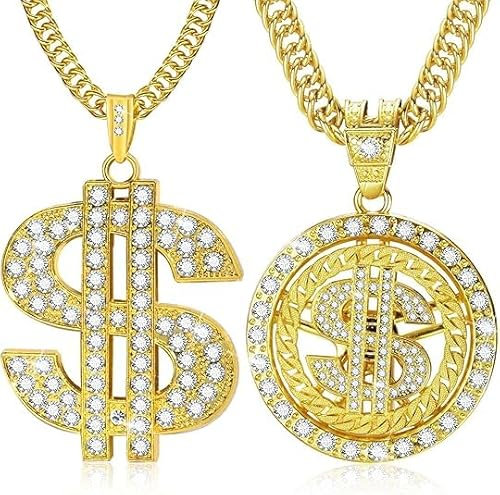 Dollar Kette Goldkette Fasching 2 Stück Rapper Kette Hip Hop Kette Zuhälter Kostüm Pimp Rapper Hip Hop Kostüm Herren