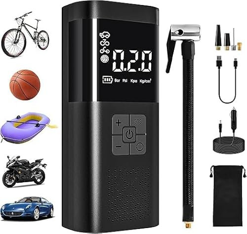 Compressore d'Aria Portatile con Display LCD, Pompa Elettrica Ricaricabile per Auto, Bici, Moto, con Accessori,Gonfiatore Bici Elettrico con Sensore Pressione, Schermo Luce LED, 6000mAh 150PSI