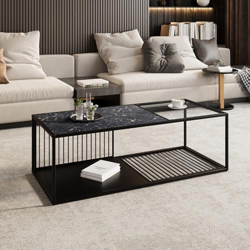 Table basse, table basse en fer forgé avec verre, grand espace de rangement