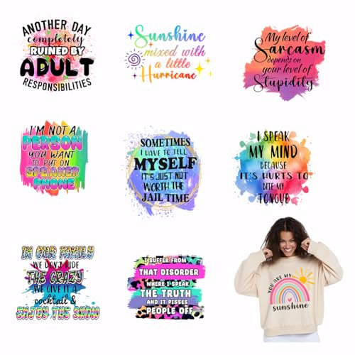 SUPERDANT 9PCS Funny Sayings Iron On Transfers Colorful Heat Transfer Paper Fun Text Heat Transfer Stickers Rainbow Quotes Iron on Decals for Clothing T-Shirt Hoodie Backpacks Pillow
