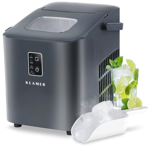 KLAMER Eiswürfelmaschine klein (2025), 8 Eiswürfel in 8 Minuten, 11 kg Eiswürfel pro Tag, 2 Eiswürfelgrößen, 1 L Wassertank, Geräuscharmer Eiswürfelbereiter mit Eisschaufel und Tragegriff