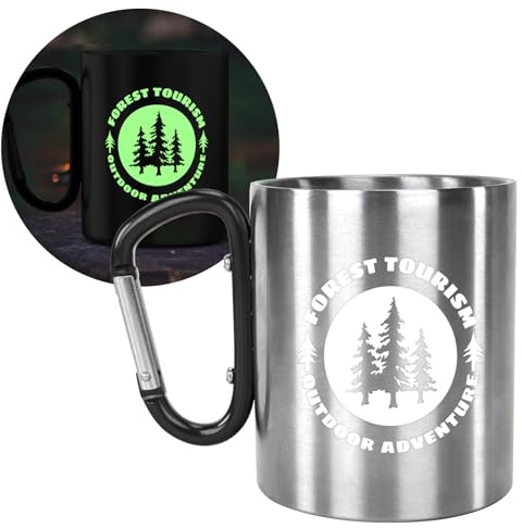 Edelstahl Camping-Tasse Nachleuchtend - mit Karabinerhaken - 280ml Doppelwandiger Becher - Leuchtet im Dunkeln - Wander Zubehör & Gadgets für Outdoor