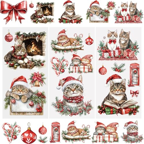 WANDIC 3 Fogli di Adesivi trasferibili Natalizi, per mobili, Motivo Albero di Natale con Gatto, per Fai da Te, Scrapbooking, Decorazioni Natalizie, 15 x 30 cm