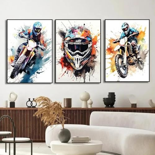 Baibexing 3Pcs Aquarell Dirt Bike Motocross Leinwand Malerei Poster Drucke Motorrad Motorrad Wand Bild Für Home Decor 60X80Cmx3Pcs Kein Rahmen