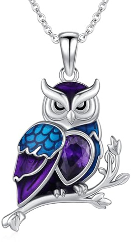 JFASHOP Damen Eulen Kette S925 Sterling Silber mit Geburtsstein Eule Anhänger Halskette Tiere Schmuck Geschenke für Frauen Mädchen Eulenliebhaber