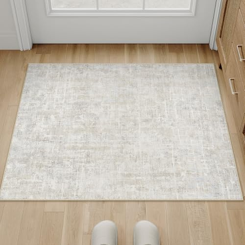 PureCozy Beige Grau Fußmatte Teppich 60x90cm Waschbar Kurzflor | Waschbarer Boho Kleiner Fußmatte, Rutschfest, Weich, für Eingangsbereich, Schlafzimmer, Küche, Bettvorleger