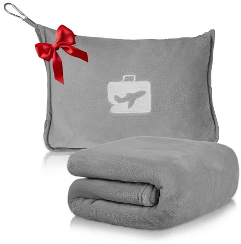 Caffney 2 in 1 Travel Blanket and Pillow, Soft Warm Airplane Blanket with Storage Bag Portable Enduring Quilt Airplane Blankets for Camping Office, Compact Foldable Flannel(grey)