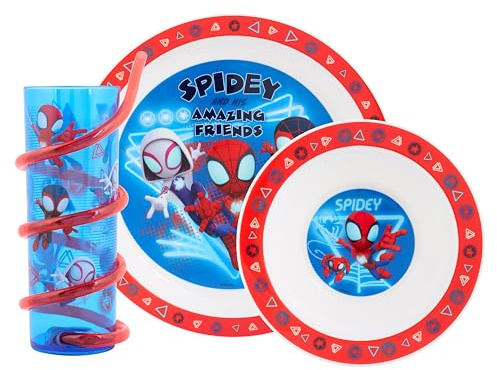 Marvel Spidey and Friends Glow Geschirr-Set, 3-teilig, inklusive Teller, Schüssel und Trinkhalm mit Spidey, Trace-E, Ghost und Miles Morales