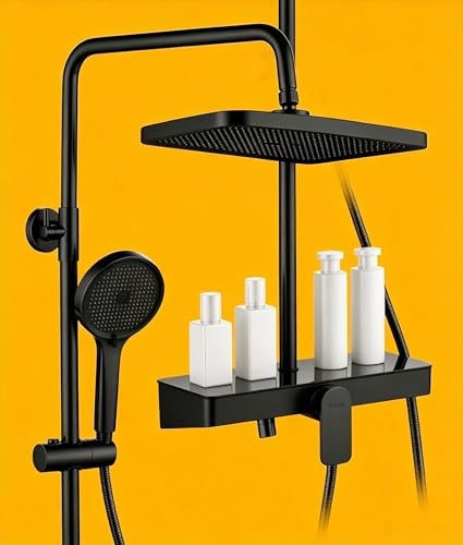 Duschsystem Schwarz ohne Thermostat,HöHenverstellbar Duscharmatur Komplettset 360° Drehung Regendusche Mit Armatur,Handbrause Mit Drei SprüHmodi,35×14cm Glasablage,33×21cm GroßEr Regendusche