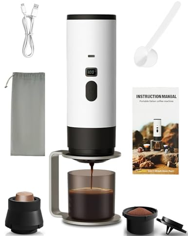 TechVizrs Tragbare Kaffeemaschine, Elektrische Espressomaschine mit Selbsterhitzung, 2 in 1 Kapsel Kaffeemaschine kompatibel mit gemahlenem Kaffee& Kaffeekapseln für Camping, Wandern, Reisen (Weiß)