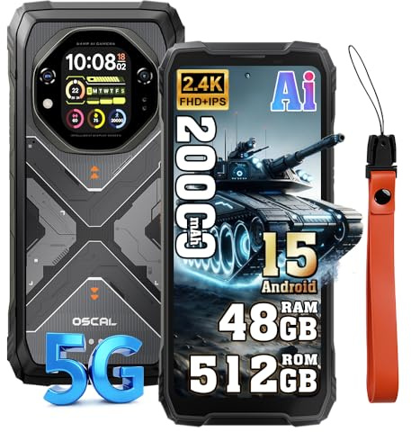 OSCAL Tank 1 (48Go+512Go) Téléphone Portable Incassable 5G, Android 15 Smartphone Débloqué, 64MP+50MP, 6.78 FHD+ Double écran, 20000mAh Smartphone Etanche IP68/IP69K, 4G/5G/NFC/OTG/GPS/FM, Noir