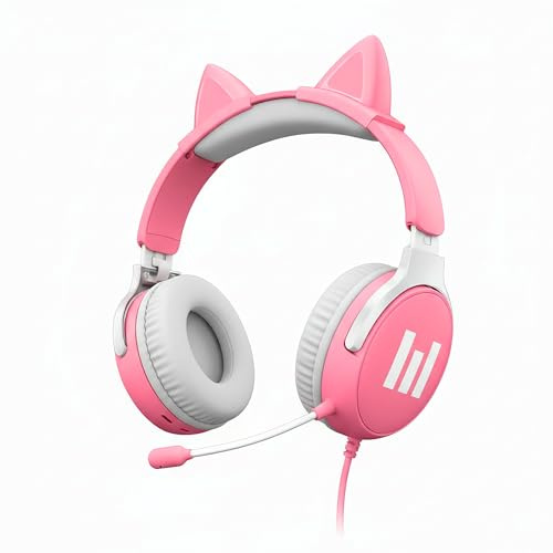 indeca BUSINESS Auriculares Niña Orejas de Gato Rosa 5-12 Años Cascos Infantiles con Microfono Flexible Cable Jack 3,5 mm Diadema Ajustable Compatible PS4 PS5 PC Tablet Movil Regalo Cumpleaños
