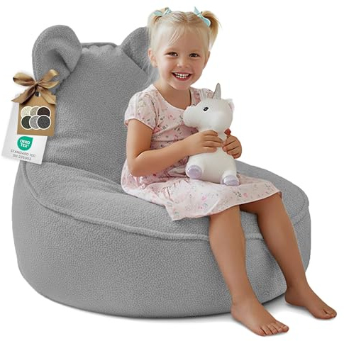 DreamRoots Sitzsack Kinder Bouclé, Maus Form, Kindersessel, Hellgrau | 315 g/m², OEKO-TEX, mit Schaumstoffflocken, Sessel Kinderzimmer, Waschbarer Bezug