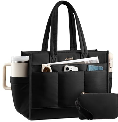 LOVEVOOK Shopper Tasche Damen, Handtasche Mittelgroß, leichte Arbeitstasche,15,6 Zoll Laptoptasche Lehrertasche Schultasche, große Puffer Tote Handbags Women für Büro Uni Schule Arbeit Alltag, Schwarz