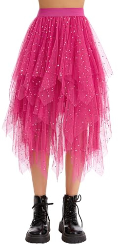 Lovasy Gonna Tulle Donna Lunga Paillettes Gonne Irregolare in Tulle Midi Plissettate Gonne Tutu a Strati Gonna in Rete Elegante per Carnevale Halloween Natale Party Prom | Gonne da fata gonfie a strati alti e bassi