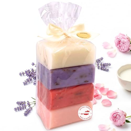Schafmilchseife Geschenkset 4er Set 4x100 g Naturseife aus Österreich | Vier Naturseifen mit Lanolin und Pflanzenölen: Classic, Lavendel, Rose und Pfingstrose – Geschenk für Mama, Oma und Freundin