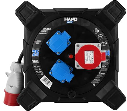 Quadratischer Kabeltrommel‑Verlängerer; 4×CEE + Schutzkontakt; 2×Schuko; IP44; 16A; 400V; H07RN‑F 5×2,5 mm²; 15-25 m; SCHUKO; Schwarz (15 Meter lang)