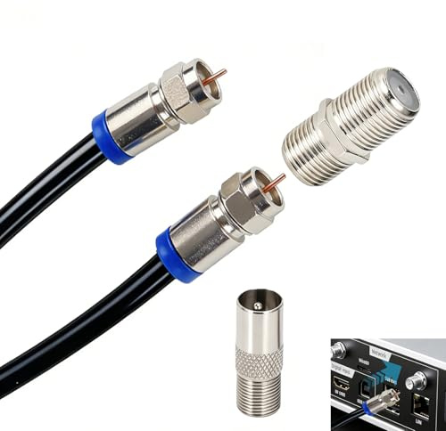 Cable coaxial TV, Cable RG6 1 m 75 Ohm, cable antena satélite conectores F roscados incluye acoplador F81 hembra a hembra y adaptadores F a TV macho cobre apantallado hasta 3 GHz uso interior exterior