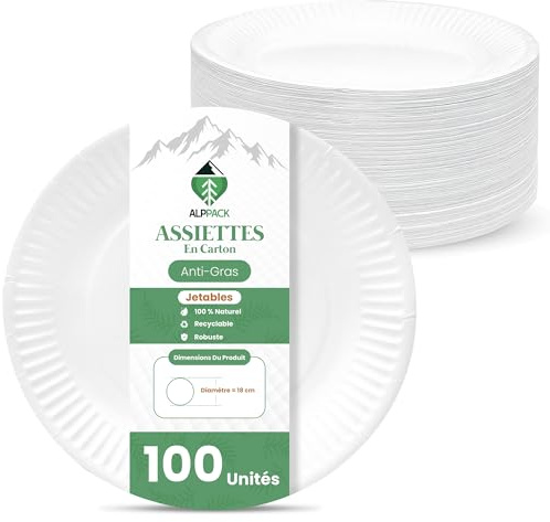 Assiette jetable en carton blanc – 100 pcs Ø 18 cm, assiette dessert jetable et assiette enfant, petites assiettes plates résistantes, vaisselle jetable pour decoration anniversaire, pique-nique