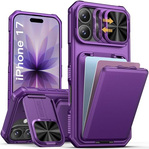 Vihibii für iPhone 17 Hülle mit Ständer, Kartenfach, Dunkelviolett | Kameraschutz Schieber, Heavy Duty Cover, Militärschutz Fallschutz Kratzfest Silikon Bumper Schutzhülle für iPhone 17 6,3 Zoll