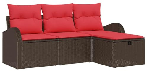 Foknhdi 4-teiliges Gartenmöbel-Set aus Poly-Rattan in Braun und Rot, Modulares Lounge-Sofa mit Stauraum für Terrasse, Balkon und Gartenparty