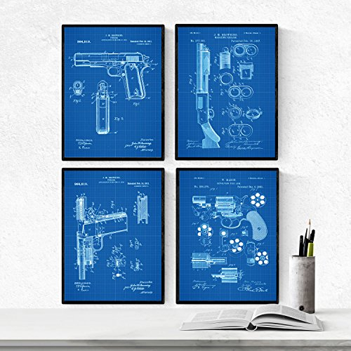 Nacnic Blau Waffen Patent Poster 4-er Set. Vintage Stil Wanddekoration Abbildung von Gewehr und Pistolen. Verschiedene geometrische Alte Erfindungen Bilder ohne Rahmen. Größe A4.
